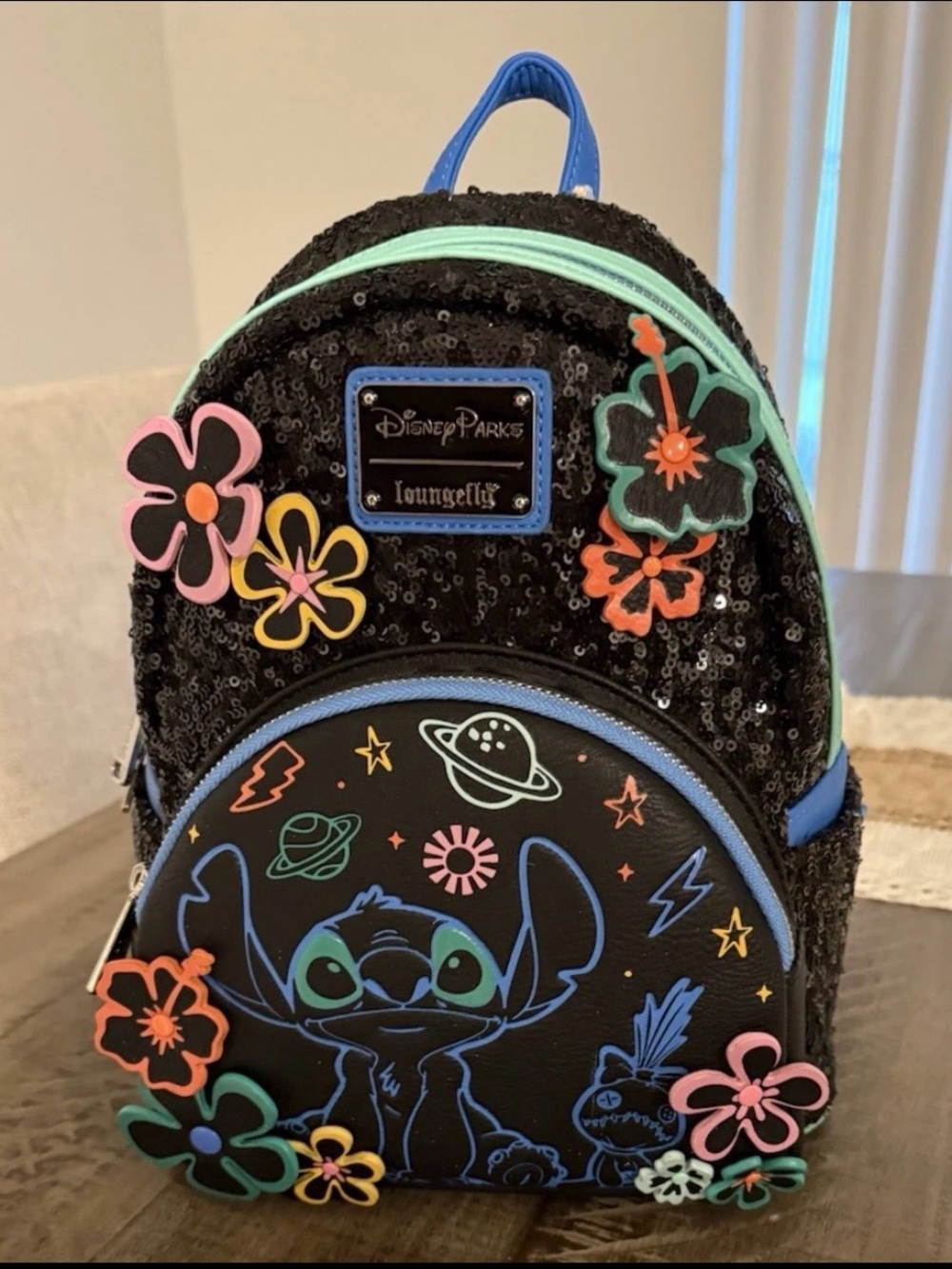 Loungefly Disney Parks Black Stitch Floral Sequin Mini Backpack